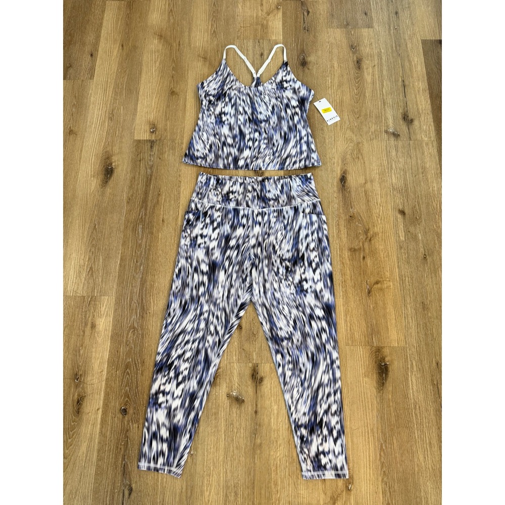 Kinesis Abstract Print Activewear Set Women 1X Blue White Tank Leggings Pockets